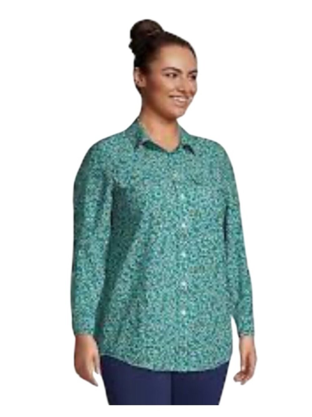 Plus Size Lands End Button-Down roll tab Floral boyfriend commuter shirt Tunic S